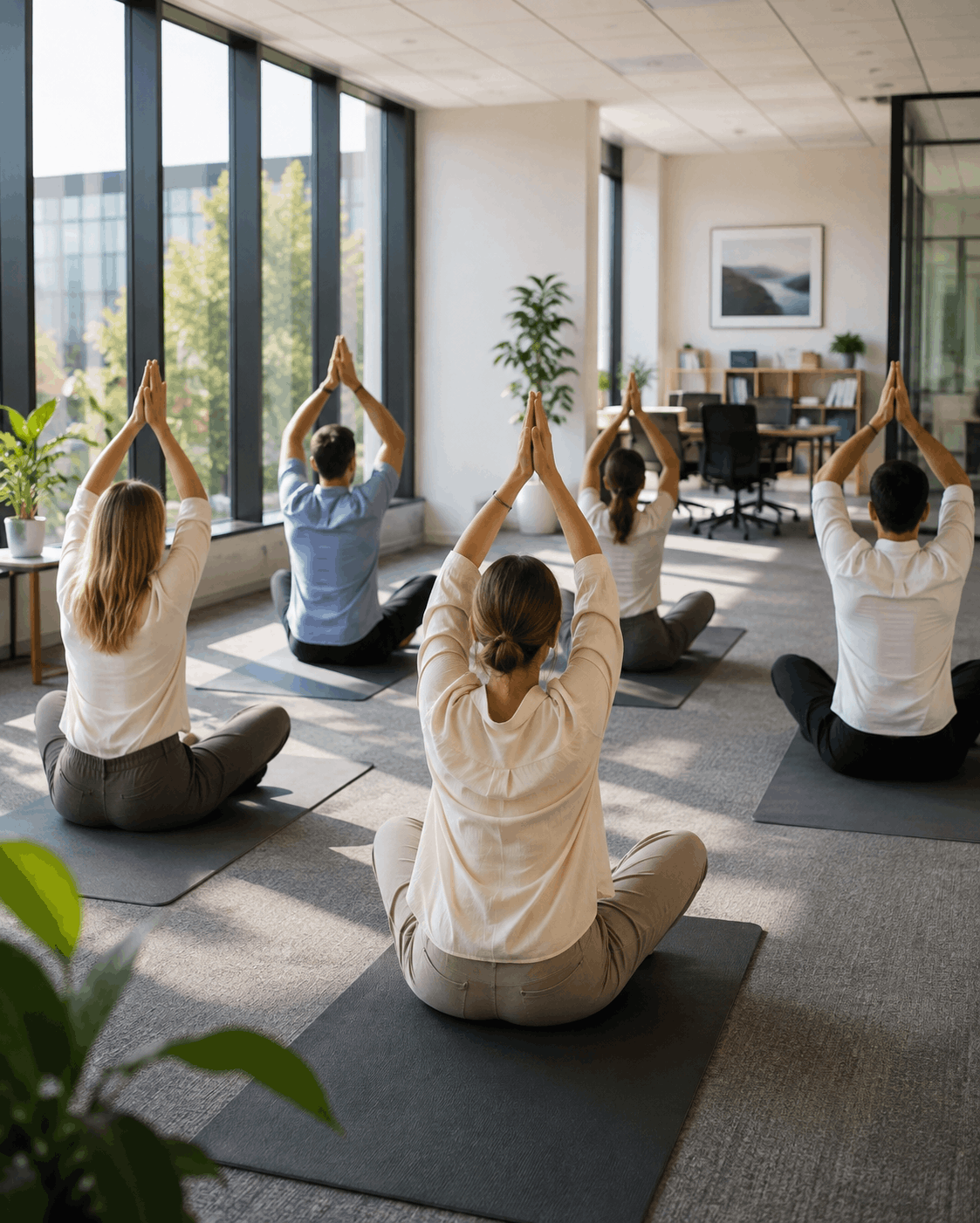 Collaborateurs participant à une séance de yoga en entreprise