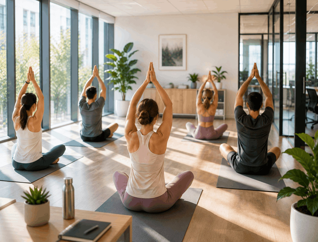 Séance de yoga en entreprise avec un groupe de collaborateurs – Harmonie Project